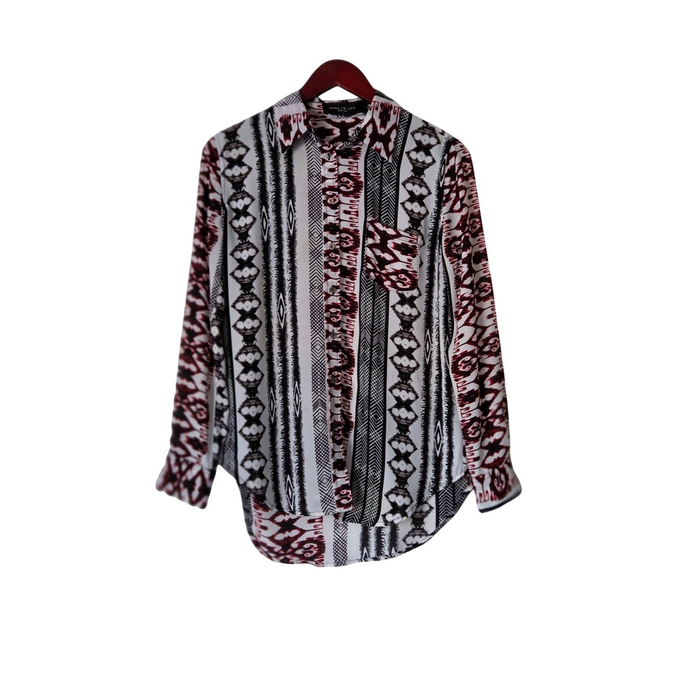 AKIRA Chicago Black Label Geometric High Low Print Button Down Blouse Sz S Boho